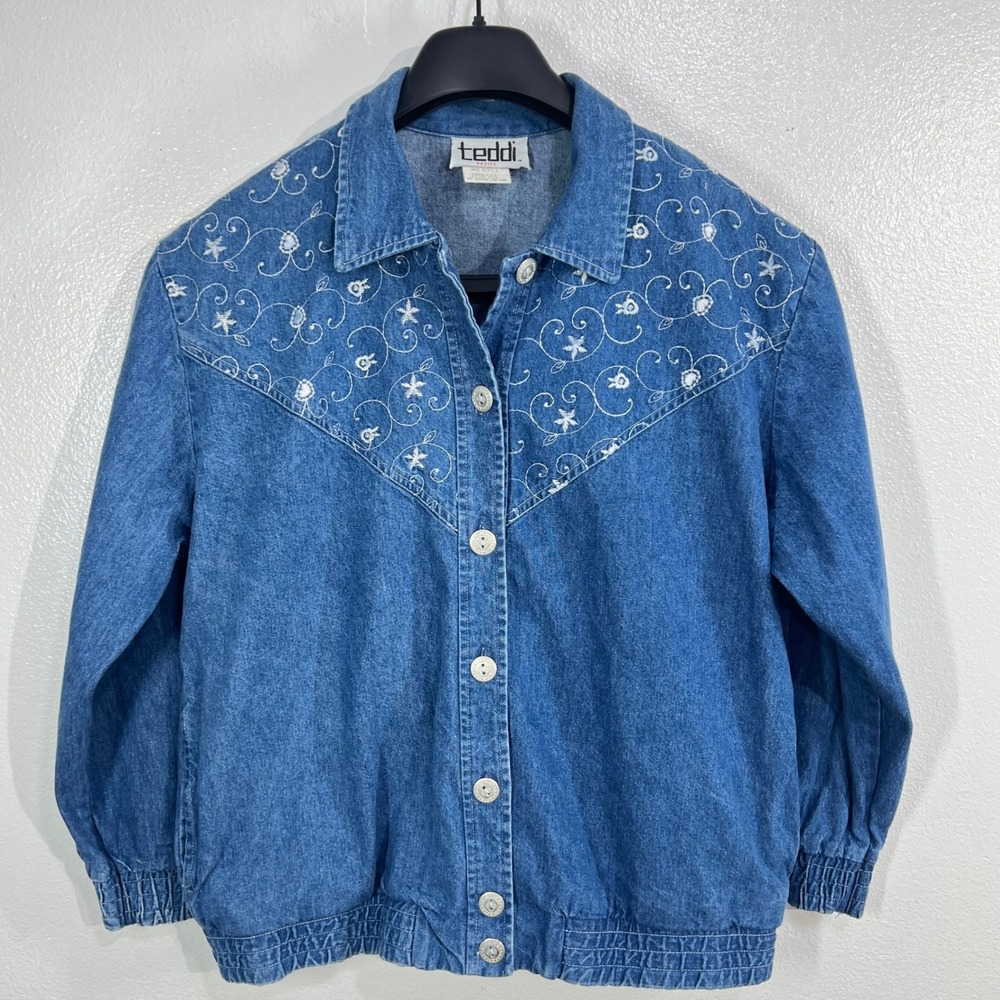 Vintage 90s Teddi Embroidered Denim Jacket‎ PL Cottagecore Boho Blue USA Bomber